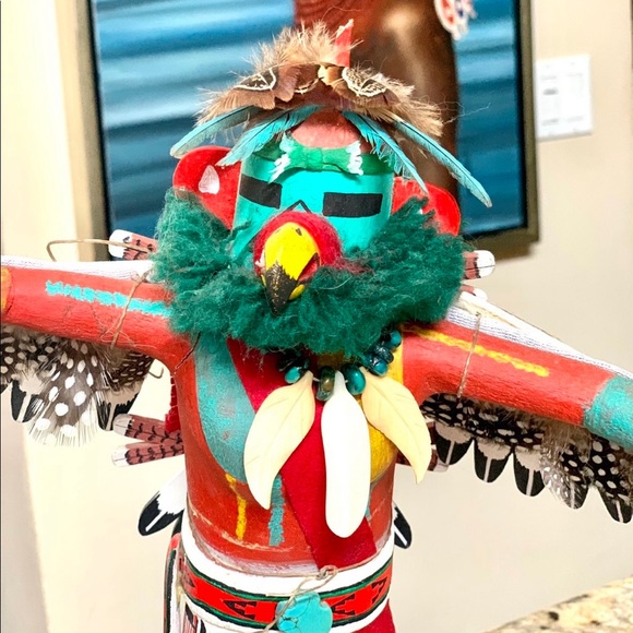Hopi Indian Kachina Doll wooden, 11” tall wooden stand w feathers wings vintage - Picture 3 of 12